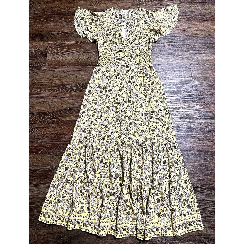 Max Studio Women's Yellow Floral V-Neck Flutter Sleeve Smocked Tiered Maxi Dress